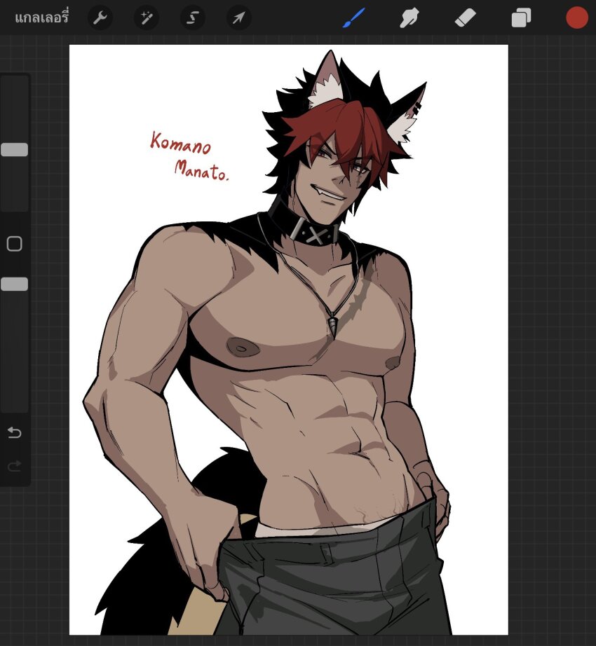 1boy animal_ears black_choker choker dog_boy ear_piercing grin highres jewelry komano_manato large_pectorals male_focus male_pubic_hair multicolored_hair multiple_scars muscular muscular_male necklace nipples pectorals piercing pubic_hair red_eyes scar scar_across_eye scar_on_face short_hair smile solo tail zenless_zone_zero