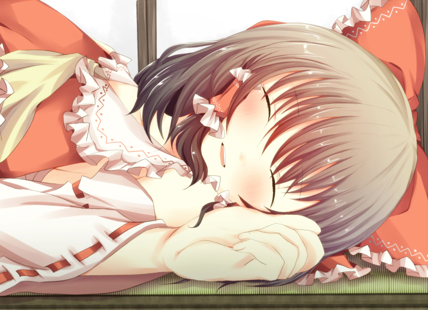 1girl bad_id bad_pixiv_id blush bow brown_hair close-up closed_eyes detached_sleeves dress female_focus hair_bow hair_tubes hakurei_reimu indoors japanese_clothes lying miko on_back open_mouth pasutel red_dress solo touhou