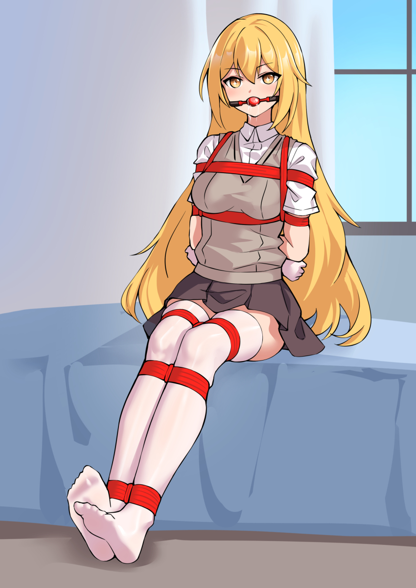 1girl absurdres arms_behind_back ball_gag blonde_hair breasts brown_skirt brown_sweater_vest collared_shirt drooling elbow_gloves feet gag gloves hair_between_eyes highres indoors large_breasts legs long_hair looking_at_viewer miniskirt no_emblem no_shoes on_bed pleated_skirt school_uniform shibari shibari_over_clothes shirt shokuhou_misaki short_sleeves sitting skirt soles solo sparkling_eyes summer_uniform sweater_vest t_zhonglang thighhighs toaru_kagaku_no_mental_out toaru_kagaku_no_railgun toaru_majutsu_no_index toes tokiwadai_school_uniform white_gloves white_shirt white_thighhighs yellow_eyes