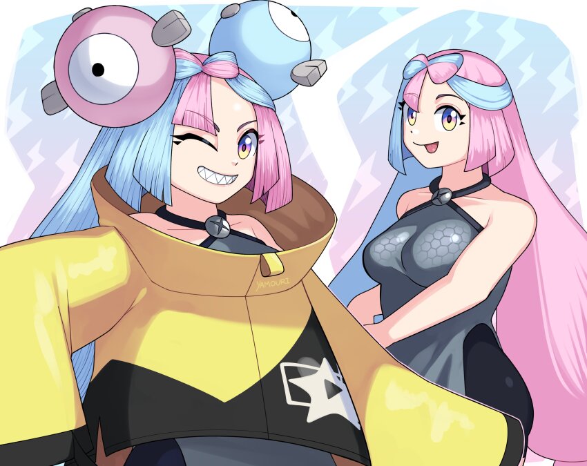 1girl absurdres bare_arms blue_hair bow-shaped_hair breasts character_hair_ornament collarbone fake_hair_bun gen_1_pokemon hair_ornament halter_shirt halterneck hexagon_print highres iono_(pokemon) jacket long_hair low-tied_long_hair magnemite medium_breasts multicolored_hair nintendo one_eye_closed oversized_clothes pink_hair pokemon pokemon_sv sharp_teeth sleeves_past_fingers sleeves_past_wrists smile solo split-color_hair teeth tongue tongue_out very_long_sleeves x yamouri yellow_jacket
