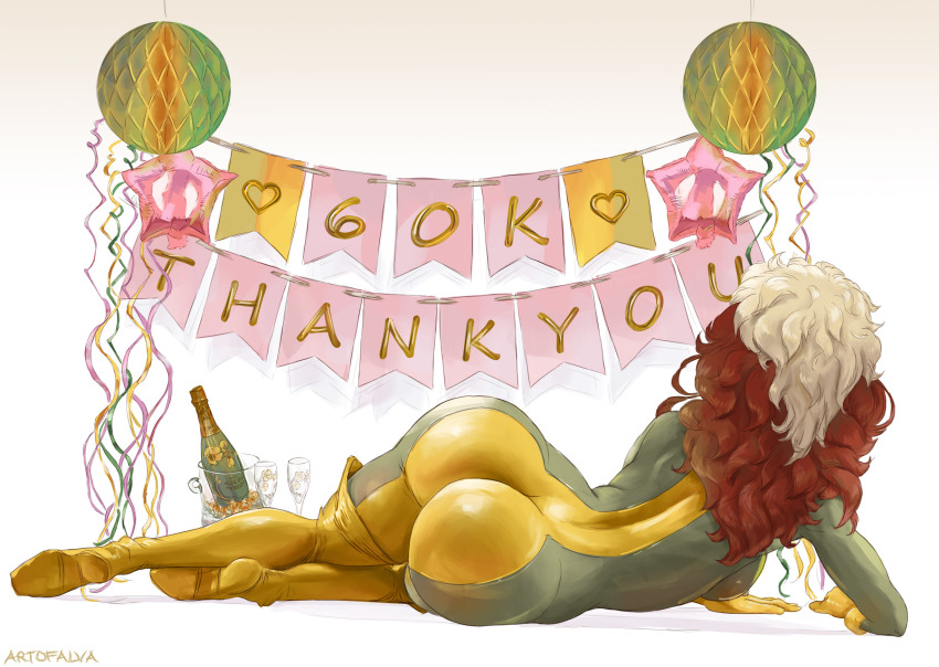 1girl alva_(artofalva) artist_name ass bodysuit brown_hair commentary english_commentary from_behind gloves highres long_hair marvel multicolored_hair rogue_(x-men) solo star_balloon superhero_costume thank_you two-tone_bodysuit two-tone_hair white_hair wide_hips x-men x-men:_the_animated_series yellow_gloves