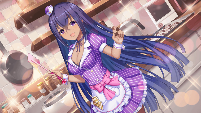 1girl :d apron argyle_background bow bra bra_peek breasts brick brick_floor brick_wall ceiling chain-link_fence cleavage collarbone crack cracked_wall dark-skinned_female dark_skin deep_one_kyomu_to_mugen_no_fragment diffraction_spikes dress fence formal_clothes glint hair_between_eyes hat holding honeycomb_(pattern) honeycomb_background indoors jamila_jibril kitchen large_breasts lens_flare long_hair looking_at_viewer medium_breasts non-web_source open_mouth pinstripe_pattern pinstripe_suit puffy_short_sleeves puffy_sleeves purple_dress purple_eyes purple_hair purple_nails purple_skirt ribbon shirt short_sleeves silk skirt smile solo sparkle sparkle_background spider_web stone_floor stone_wall striped_bow striped_bra striped_clothes striped_dress striped_shirt striped_skirt suit tile_floor tile_wall tiles toilet underwear vertical-striped_clothes vertical-striped_dress vertical-striped_shirt vertical-striped_skirt very_long_hair waist_apron waitress wrist_cuffs