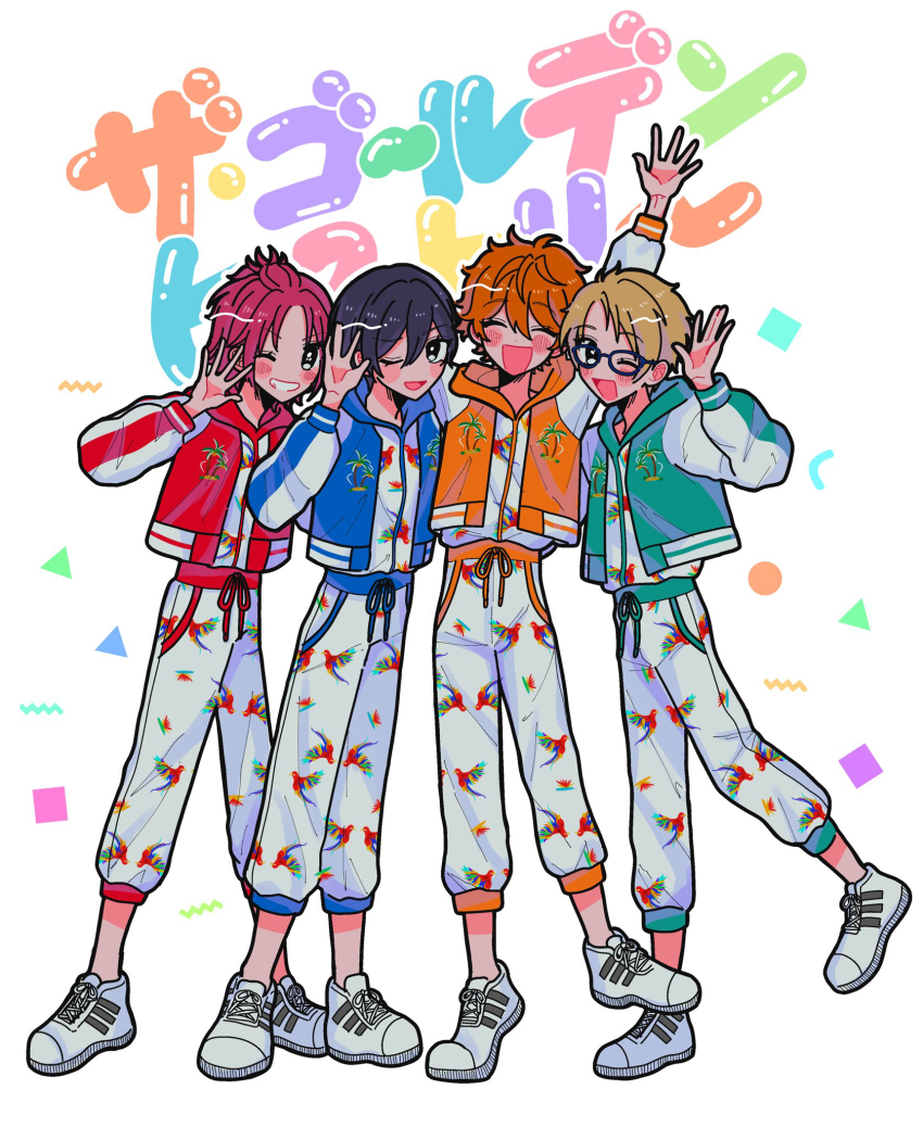 4boys akehoshi_subaru arm_up black_eyes black_hair blonde_hair blue-framed_eyewear blush closed_eyes cropped_jacket ensemble_stars! glasses hair_between_eyes half_updo hand_up hidaka_hokuto highres isara_mao jacket letterman_jacket looking_at_viewer marinat0530 multiple_boys one_eye_closed open_mouth orange_hair pants parted_bangs pink_hair shoes short_hair simple_background smile sneakers standing standing_on_one_leg white_footwear white_pants yuuki_makoto_(ensemble_stars!)