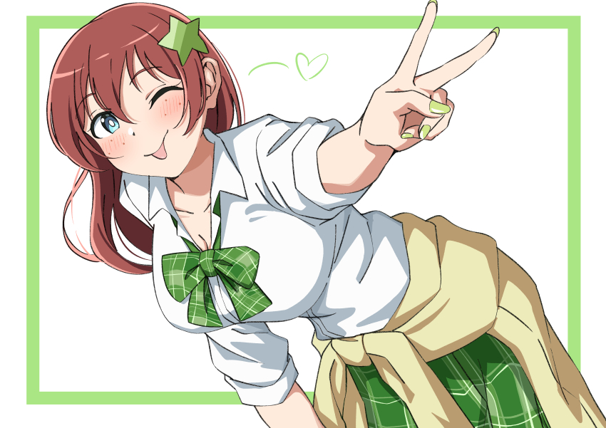 1girl ;p absurdres bent_over blue_eyes blush bow bowtie breasts brown_hair cardigan cardigan_around_waist cleavage clothes_around_waist collarbone collared_shirt commentary cowboy_shot dress_shirt emma_verde freckles green_bow green_bowtie green_nails green_skirt gyaru gyarugasaki hair_ornament heart highres kogal large_breasts long_hair looking_at_viewer love_live! love_live!_nijigasaki_high_school_idol_club nail_polish official_alternate_costume one_eye_closed open_collar plaid_bow plaid_bowtie plaid_clothes plaid_skirt pleated_skirt shirt simple_background skirt smile solo star_(symbol) star_hair_ornament tongue tongue_out uchuu_no_mozuku v white_background white_shirt yellow_cardigan