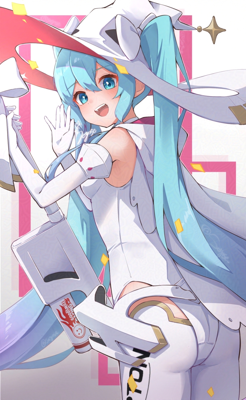 1girl :d ass blue_eyes blue_hair bow cowboy_shot elbow_gloves gloves goodsmile_racing hat hatsune_miku highres holding leotard long_hair looking_at_viewer looking_back mechanical_broom open_mouth racing_miku racing_miku_(2024) signature simple_background leotard smile solo soyose twintails very_long_hair vocaloid waving white_bow white_hat white_leotard witch_hat