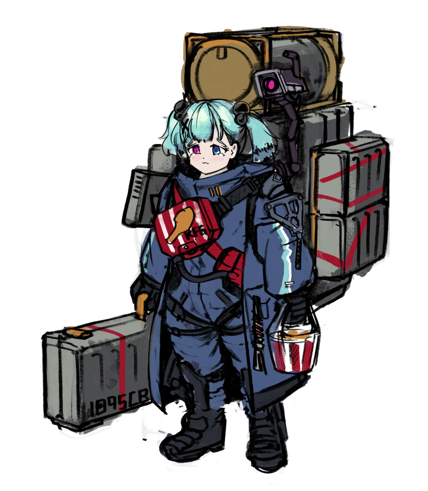 1girl absurdres backpack bag black_boots black_gloves blue_coat blue_eyes blue_hair boots brand_name_imitation bucket_of_chicken character_name closed_mouth coat commentary cosplay death_stranding dinergate_(girls&#039;_frontline) english_commentary full_body girls&#039;_frontline gloves hair_bobbles hair_ornament heterochromia highres holding holding_suitcase kfc light_blue_hair light_blush long_sleeves m1895_cb_(girls&#039;_frontline) odradek parody pure_boy purple_eyes sam_porter_bridges sam_porter_bridges_(cosplay) short_hair short_twintails simple_background solo standing strap suitcase tears twintails white_background zipper