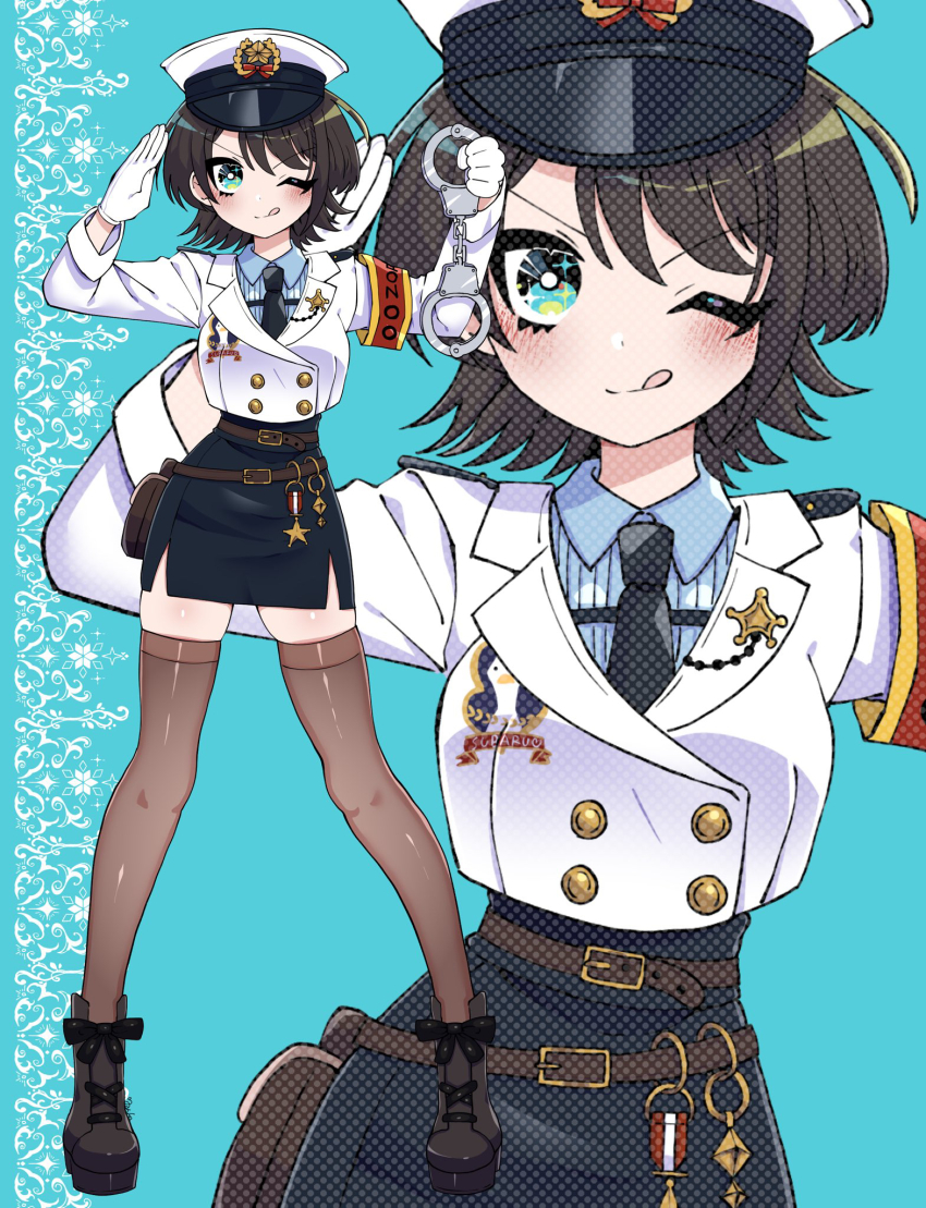 1girl aqua_eyes armband black_necktie black_shoes black_skirt black_thighhighs blue_background blush brown_hair collared_shirt cropped_jacket cuffs handcuffs hat highres holding holding_handcuffs hololive jacket koshianpancake looking_at_viewer necktie official_alternate_costume one_eye_closed oozora_subaru oozora_subaru_(police) police_hat red_armband salute shirt shoes skirt smile solo thighhighs tongue tongue_out virtual_youtuber white_hat white_jacket white_shirt
