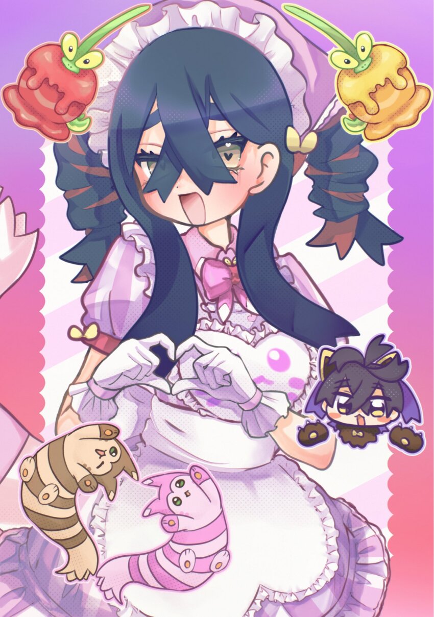 1girl alternate_color alternate_costume alternate_hairstyle animal_hands apron black_hair blush bow bowtie carmine_(pokemon) crossed_bangs dipplin dress fake_tail finger_heart frilled_apron frills furret gen_2_pokemon gloves hair_between_eyes heart heart-shaped_pupils highres kieran_(pokemon) long_hair looking_at_viewer nintendo one_eye_closed open_mouth paw_gloves pink_bow pink_bowtie pink_dress pokemon pokemon_sv purple_hair red_eyes shiny_pokemon symbol-shaped_pupils tacho_baby tail white_apron white_gloves yellow_eyes