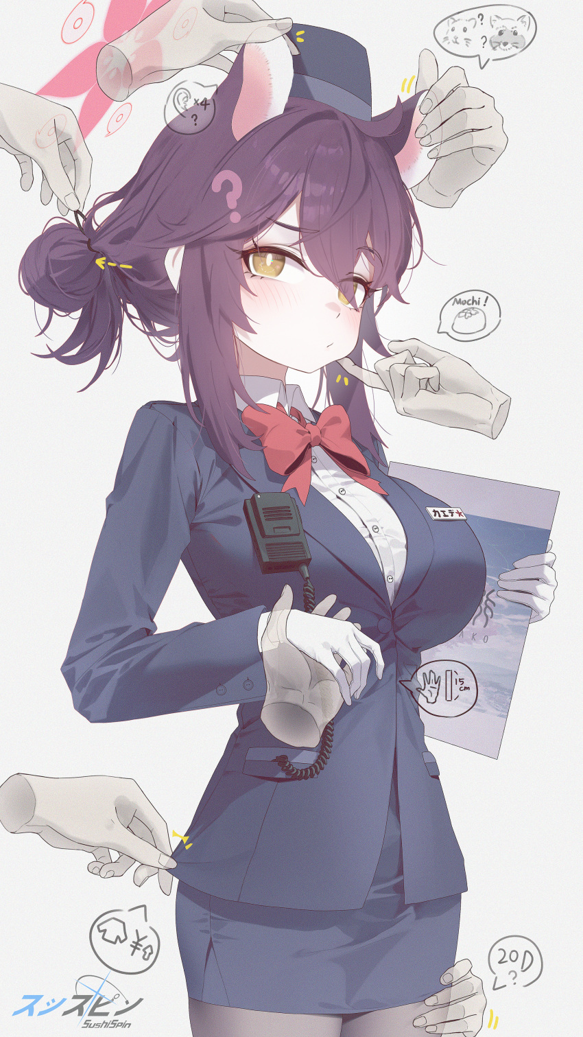 1boy 1girl absurdres animal_ears black_hair black_skirt blue_archive bow bowtie breasts commentary_request disembodied_hand extra_ears garrison_cap gloves halo hat highres kaede_(blue_archive) kaede_(guide)_(blue_archive) large_breasts miniskirt narrow_hips official_alternate_costume pencil_skirt raccoon_ears raccoon_girl red_bow red_bowtie red_halo skirt sushispin walkie-talkie white_gloves