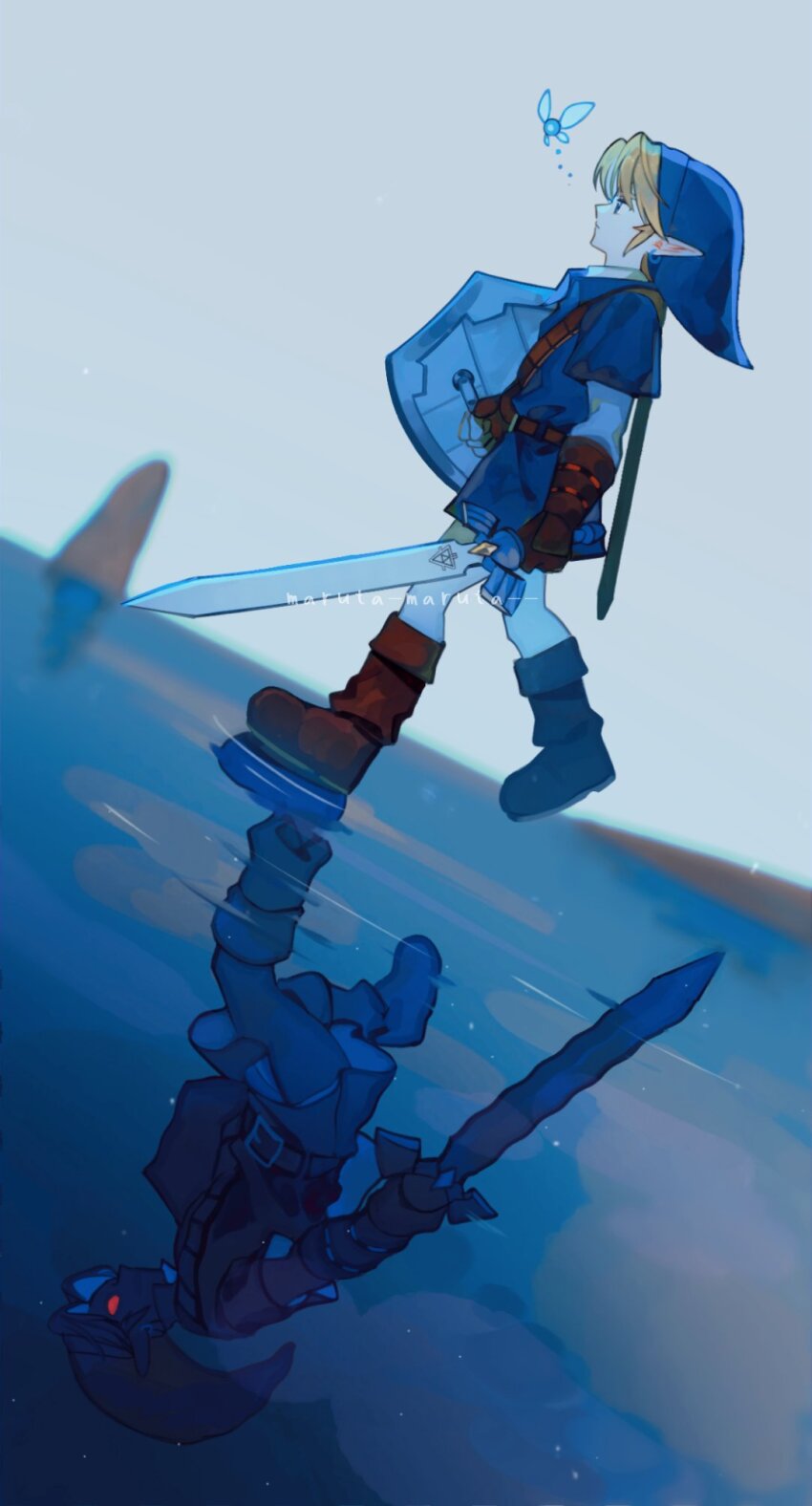 2boys artist_name blonde_hair blue_hat blue_tunic boots brown_footwear brown_gloves dark_link different_reflection dual_persona fairy full_body gloves glowing glowing_eyes hat highres holding holding_shield holding_sword holding_weapon link male_focus maruta_maruta master_sword multiple_boys navi nintendo parted_bangs red_eyes reflection reflective_water shield shirt short_hair sidelocks sword the_legend_of_zelda the_legend_of_zelda:_ocarina_of_time tunic walking weapon white_shirt