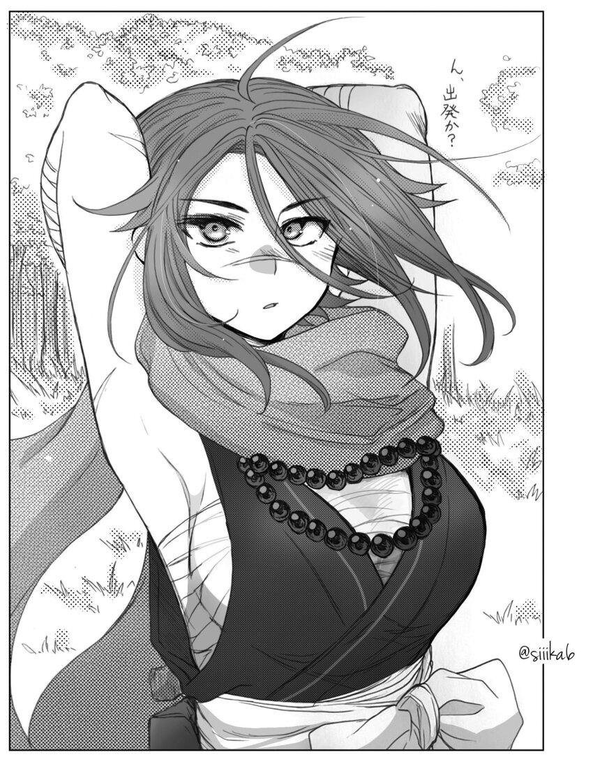 1girl armpits arms_behind_head artist_name bandaged_arm bandaged_chest bandages bead_necklace beads breasts fate/grand_order fate_(series) highres japanese_clothes jewelry kimono large_breasts long_hair looking_at_viewer monochrome necklace obi sash scar scar_on_arm scar_on_face scar_on_nose sideless_outfit siiika_(siiika6) sugitani_zenjubou_(fate) tree triceps