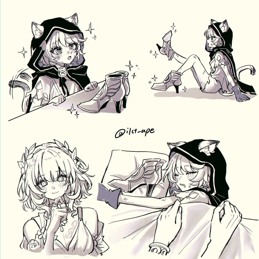 2girls aglaea_(honkai:_star_rail) animal_ears bare_legs bare_shoulders blanket blush cat_ears cat_tail cipher_(honkai:_star_rail) gloves high_heels highres honkai:_star_rail honkai_(series) hood monochrome multiple_girls multiple_views open_mouth ringorilla shirt short_hair short_sleeves simple_background tail
