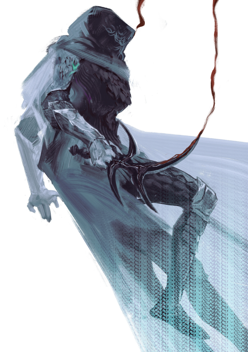 1girl absurdres armor black_armor black_cape black_knife_(elden_ring) black_knife_assassin cape elden_ring gauntlets highres holding holding_knife holding_weapon hood hood_up hooded_cape knife rocher-hd solo weapon white_background