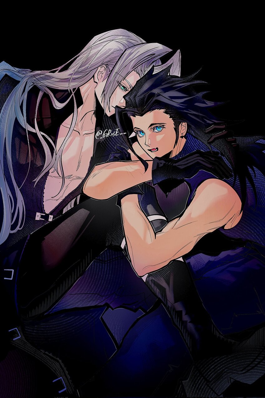 2boys aqua_eyes arm_around_shoulder black_background black_boots black_coat black_gloves black_hair black_pants blue_pants blue_shirt boots closed_mouth coat crossed_arms earrings final_fantasy final_fantasy_vii gloves grey_hair grose hair_over_shoulder hand_in_another&#039;s_hair highres jewelry long_hair male_focus multiple_boys open_mouth pants parted_bangs pectorals sephiroth shirt sideburns single_earring sleeveless sleeveless_turtleneck slit_pupils smile turtleneck twitter_username yaoi zack_fair