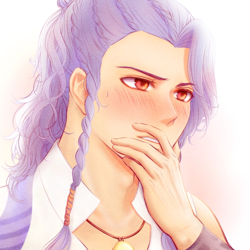 1boy adam&#039;s_apple azu_rin_go blush bokujou_monogatari bokujou_monogatari:_mittsu_no_sato_no_taisetsuna_tomodachi braid covering_own_mouth curtained_hair dark-skinned_male dark_skin embarrassed furrowed_brow gradient_background half_updo hand_over_own_mouth highres jewelry ludus_(bokujou_monogatari) male_focus necklace portrait purple_hair red_background red_eyes side_braids sleeveless_tunic solo sweatdrop tunic wavy_hair white_background white_tunic