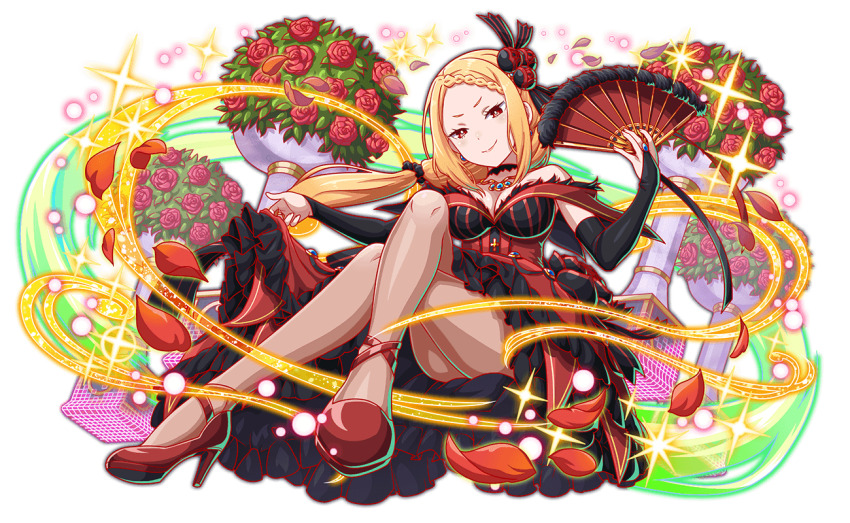 1girl amulet anime_coloring artist_request bare_shoulders black_bridal_gauntlets black_choker black_flower black_petticoat black_ribbon black_rose blonde_hair blush braid braided_bangs breasts bridal_gauntlets bright_pupils choker cleavage clothes_lift corset crash_fever crossed_legs dress earrings eyelashes flower folding_fan forehead foreshortening frilled_skirt frills from_below full_body game_cg gold_necklace grin hair_ornament hair_ribbon hair_scrunchie hand_fan high_heels holding jewelry lace large_breasts layered_skirt light_particles lips long_hair long_sidelocks looking_at_viewer low-tied_long_hair low_ponytail necklace number_print numbered off_shoulder official_art official_style outline pantyhose petticoat pink_lips pinstripe_pattern pinstripe_ribbon ponytail priscilla_barielle re:zero_kara_hajimeru_isekai_seikatsu red_corset red_eyes red_flower red_outline red_petals red_rose red_shoes red_skirt ribbon rose scrunchie see-through_pantyhose shoe_soles shoes short_eyebrows sidelocks skirt skirt_flower skirt_lift smile solo sparkle square square_print strappy_heels striped_clothes striped_ribbon tachi-e third-party_source transparent_background vertical-striped_ribbon white_pupils