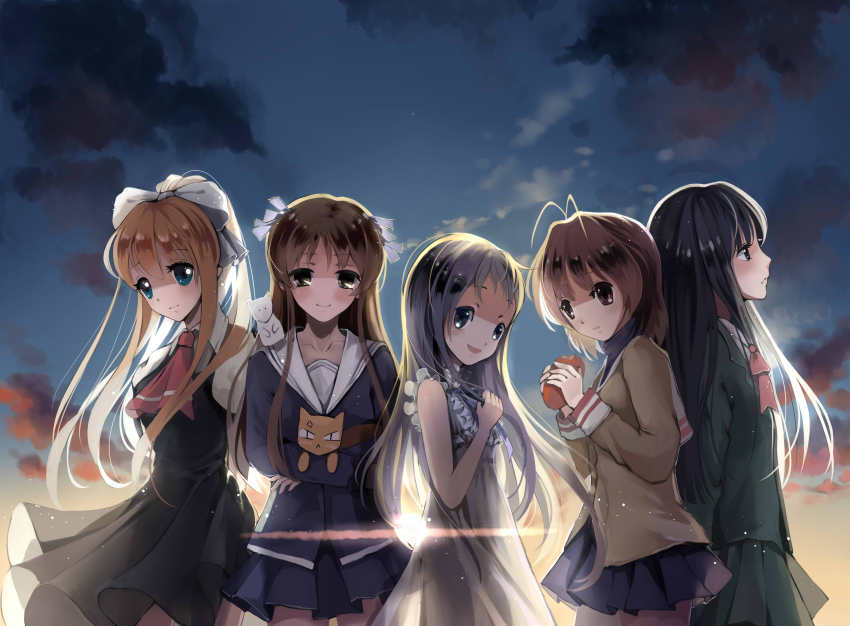 00s 10s 5girls absurdres air_(visual_novel) anger_vein animal ano_hi_mita_hana_no_namae_wo_bokutachi_wa_mada_shiranai. antenna_hair back-to-back backlighting black_hair blonde_hair blue_eyes blush bow brown_eyes brown_hair cardigan clannad closed_mouth cloud crossover dress fruits_basket furukawa_nagisa girl_sandwich grey_eyes hair_bow hair_ribbon highres holding holding_animal honda_tooru honma_meiko kamio_misuzu kathia kimi_ni_todoke kuronuma_sawako long_hair long_sleeves looking_at_viewer looking_away multiple_crossover multiple_girls open_mouth outdoors ponytail ribbon sandwiched school_uniform serafuku short_hair silver_hair skirt sky sleeveless sleeveless_dress smile sohma_kyou sun white_bow