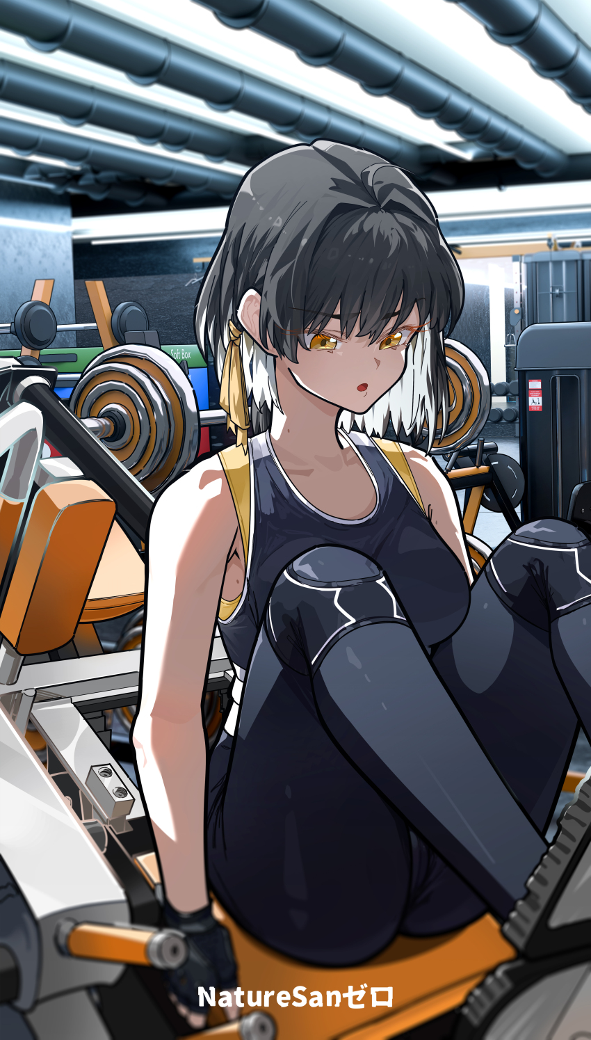1girl absurdres alternate_costume artist_name bare_shoulders black_gloves black_hair black_leggings black_sports_bra breasts collarbone colored_inner_hair commentary english_commentary exercising female_rover_(wuthering_waves) fingerless_gloves gloves gym hair_ribbon highres indoors leggings medium_breasts medium_hair multicolored_hair open_mouth revision ribbon rover_(wuthering_waves) ryeon_(naturesan) solo sports_bra white_hair wuthering_waves yellow_eyes yellow_ribbon