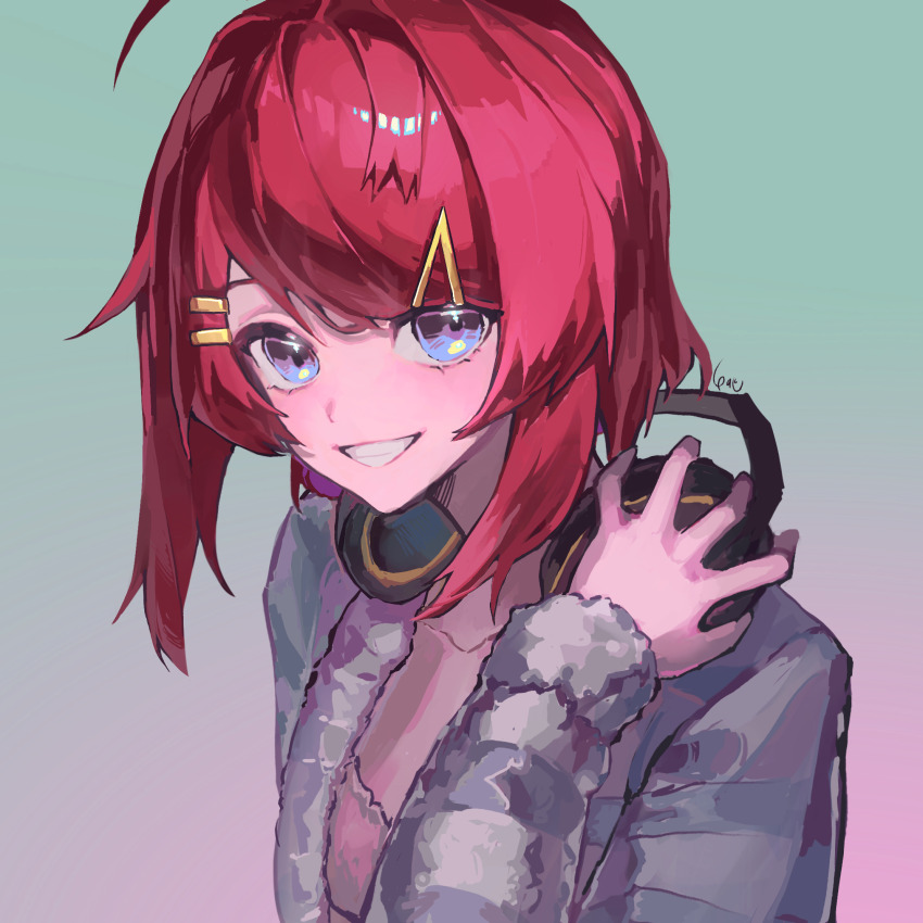 1girl :d alariess ange_katrina blue_eyes blue_jacket chinese_commentary collarbone commentary fur-trimmed_jacket fur_trim gradient_background green_background hair_ornament hairclip headphones headphones_around_neck highres holding holding_headphones horizontal-striped_jacket jacket nijisanji open_mouth parted_lips purple_background red_hair short_hair smile solo swept_bangs upper_body virtual_youtuber