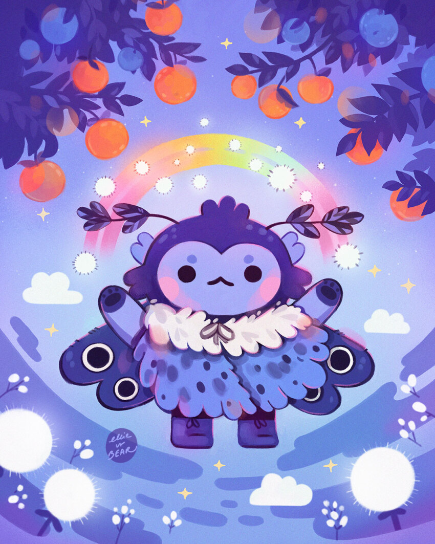 1other arms_up artist_name bug closed_mouth cloud ellievsbear food fruit fur_trim glowing highres insect insect_wings leaf moth moth_wings original outdoors plant purple_theme shoes signature sky solo sparkle standing tree wings