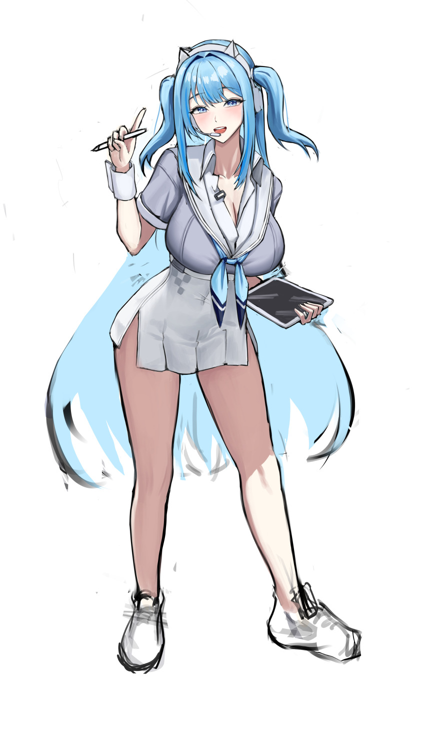 1girl :d absurdres alternate_breast_size animal_ear_headphones animal_ears blue_eyes blue_hair blue_neckerchief blush bodam breasts collared_dress contrapposto crop_top dress fake_animal_ears goddess_of_victory:_nikke hair_between_eyes hair_intakes headphones headset highres holding holding_stylus holding_tablet_pc huge_breasts light_blue_hair long_hair looking_at_viewer neckerchief open_mouth shifty_(nikke) short_sleeves side_ponytail sketch smile solo stylus tablet_pc white_dress wrist_cuffs