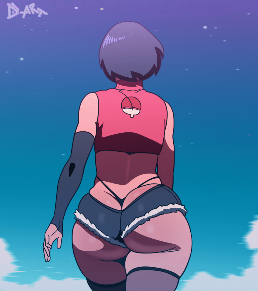 1girl alternate_costume animated asian ass ass_focus bare_shoulders black_gloves black_hair black_panties black_thighhighs blue_background boruto:_naruto_next_generations bouncing_ass bouncing_hair butt_crack cloud cloudy_sky crop_top curvy d-art elbow_gloves faceless faceless_female female_focus from_behind g-string gloves highres huge_ass jiggle micro_shorts naruto naruto_(series) night night_sky panties red_shirt revealing_clothes shirt short_shorts shorts sky sleeveless sleeveless_shirt solo star_(sky) swing swinging thick_thighs thighhighs thighs thong tight_clothes uchiha_sarada uchiha_symbol underwear walking wedgie whale_tail_(clothing) wide_hips