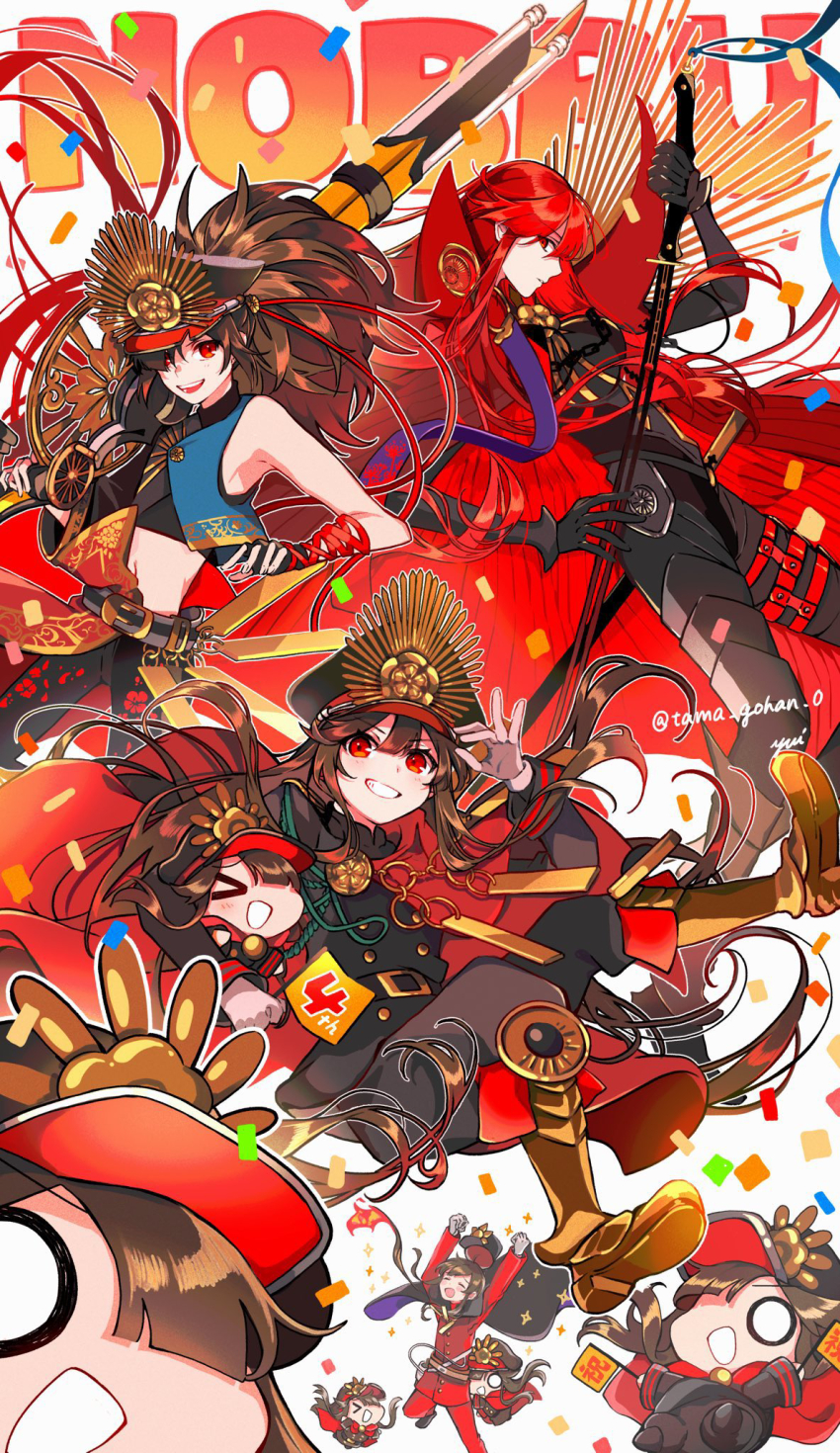 1boy 2boys 2girls antique_firearm armored_boots arquebus asymmetrical_clothes black_bodysuit black_cape black_hair bodysuit boots breasts brother_and_sister cape chain collared_cape crest family_crest fate/grand_order fate_(series) fiery_hair firearm gloves gun hair_between_eyes hair_over_one_eye hat highres holding jacket large_breasts letterman_jacket long_hair long_sleeves looking_at_viewer low_ponytail medallion military_hat mini_nobu_(fate) multiple_boys multiple_girls multiple_persona musket oda_kippoushi_(fate) oda_nobukatsu_(fate) oda_nobunaga_(fate) oda_nobunaga_(koha-ace) oda_nobunaga_(maou_avenger)_(fate) oda_uri open_mouth pants peaked_cap ponytail popped_collar red_cape red_eyes red_hair shako_cap shirt siblings single_sleeve smile solo sword tight_top twitter_username very_long_hair weapon yui_(tamagohan)