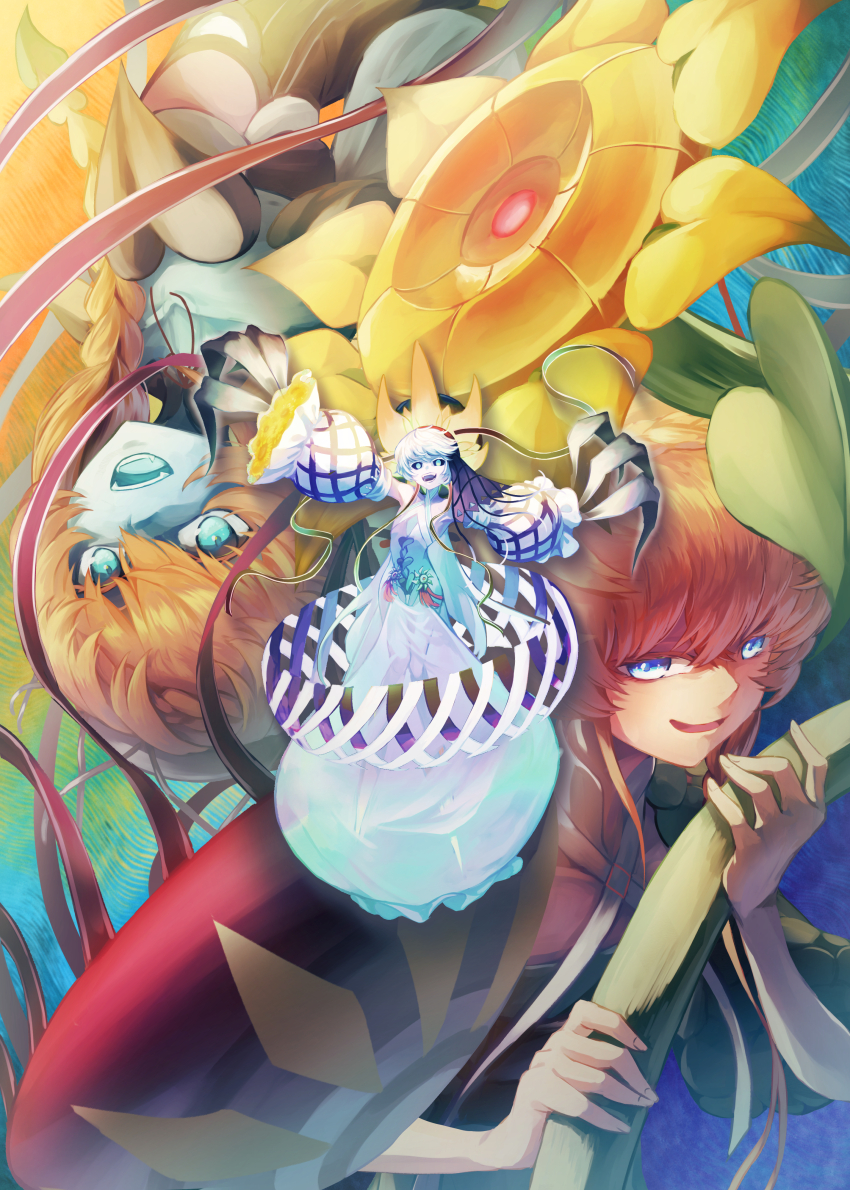 3girls absurdres bare_shoulders black_dress black_sclera black_sleeves blue_eyes blue_overalls blue_skin blue_tongue braid brown_hair colored_sclera colored_skin colored_tongue crown_braid dress fate/grand_order fate_(series) floral_print flower hair_flower hair_ornament heart highres holding juunishi_aya large_hat long_hair long_sleeves looking_at_viewer multiple_girls open_mouth orange_hair overalls puffy_sleeves short_hair side_braid smile striped_clothes striped_headwear sunflower sunflower_hair_ornament sunflower_petals sunflower_print van_gogh_(fate) van_gogh_(first_ascension)_(fate) van_gogh_(second_ascension)_(fate) van_gogh_(third_ascension)_(fate) white_dress white_eyes white_hair white_skin