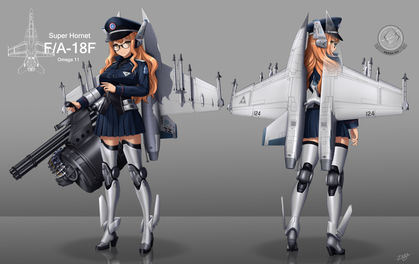 1girl 20x102_vulcan ace_combat ace_combat_7 aim-9_sidewinder air-to-air_missile aircraft airplane airplane_wing ammunition ammunition_belt anti-materiel_cartridge autocannon black-framed_eyewear blue_hat blue_skirt breasts cannon cannon_cartridge electronic_firearm f/a-18f_super_hornet fighter_jet gatling_gun glasses gun hat headgear highres large-caliber_cartridge large_breasts long_hair long_sleeves m61_vulcan mecha_musume military_uniform military_vehicle minigun miniskirt missile multiple-barrel_gun on_vehicle orange_hair original peaked_cap personification pleated_skirt precision-guided_munition rotary_cannon skirt standing very_long_hair weapon yellow_eyes zero_(73ro)