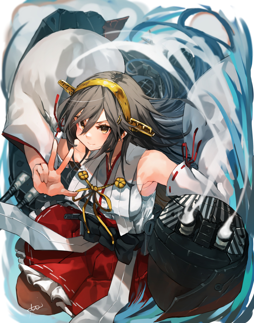 1girl black_hair brown_eyes cannon cowboy_shot detached_sleeves frilled_skirt frills gold_hairband hairband haruna_(kancolle) headgear highres japanese_clothes kantai_collection long_hair looking_at_viewer machinery nontraditional_miko red_skirt ribbon-trimmed_sleeves ribbon_trim ship_turret skirt solo sunday_aki v