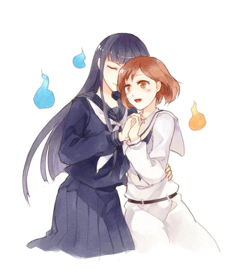 2girls arm_around_waist bad_id bad_pixiv_id black_hair black_serafuku blush brown_eyes brown_hair closed_eyes domonekoteki enoki_sachi highres hitodama holding_hands interlocked_fingers long_hair long_sleeves multiple_girls nagatani_megumi okujou_no_yurirei-san school_uniform serafuku short_hair white_background yuri