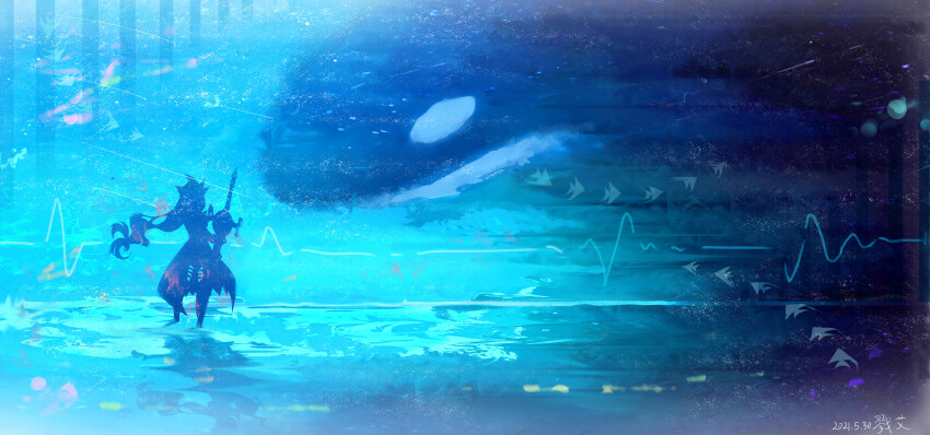1girl absurdres angelfish arknights black_chaps black_pants blue_background blurry bokeh chaps chinese_text clothing_cutout dated depth_of_field fish full_body hat highres long_hair low-tied_long_hair luai_(qq) orca pants pointy_hat reflection scenery silhouette skadi_(arknights) skadi_(elite_ii)_(arknights) solo sword thigh_cutout tropical_fish very_long_hair wading water weapon wide_shot