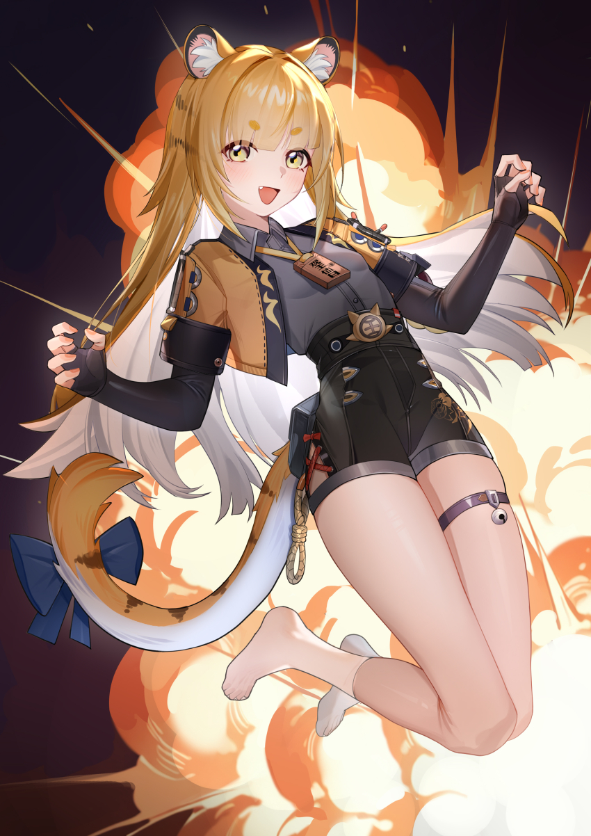 1girl absurdres animal_ears barefoot blonde_hair blush green_eyes highres jacket ju_fufu long_hair looking_at_viewer smile solo tail tiger_ears tiger_girl tiger_tail white_background yueyueyue_yao zenless_zone_zero