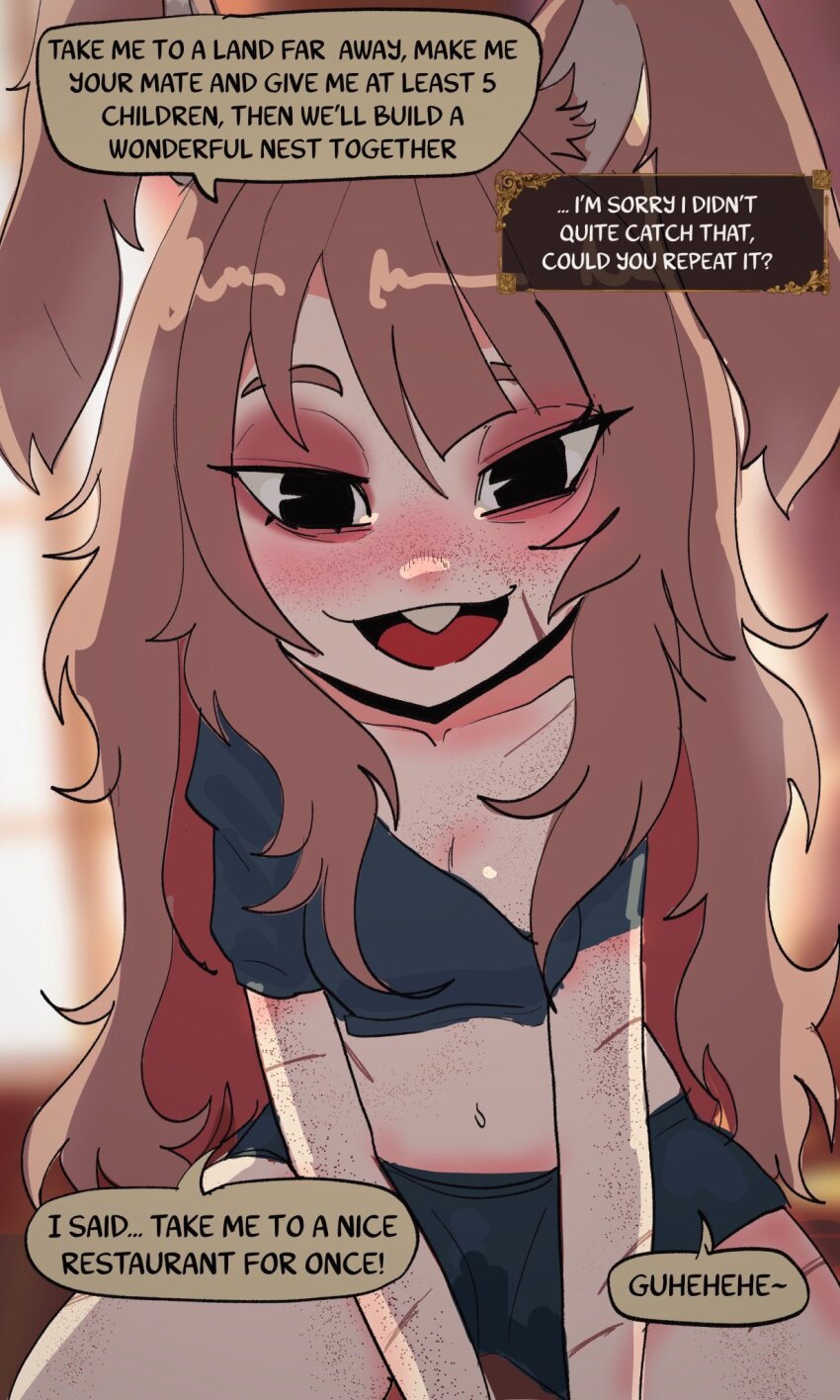 1girl animal_ears bandages basedbinkie breasts brown_hair chivalry_starved highres implied_sex kiara_haas_(basedbinkie) long_hair messy_hair midriff petite pov rabbit_ears rabbit_girl scar sitting sitting_on_person small_breasts speech_bubble