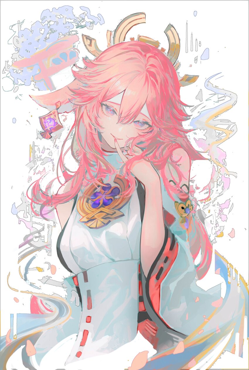 1girl absurdres animal_ears bare_shoulders breasts closed_mouth commentary_request detached_sleeves diamond_(shape) earrings eyeliner fingernails fox_ears fox_girl gem genshin_impact gold gold_earrings grey_shirt hair_between_eyes hair_ornament hand_on_own_face hand_up highres japanese_clothes jewelry kayakooooo long_fingernails long_hair long_sleeves looking_at_viewer medium_breasts mitsudomoe_(shape) multicolored_eyes nail_polish nontraditional_miko pink_eyes pink_hair pink_nails purple_eyes purple_gemstone red_eyeliner red_skirt shirt sidelocks skirt smile smug solo standing symbol-shaped_pupils teeth tomoe_(symbol) torii vision_(genshin_impact) white_background wide_sleeves yae_miko