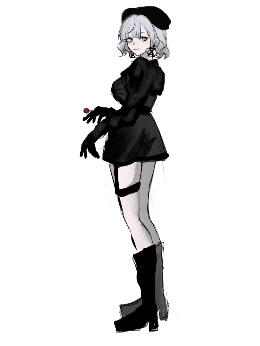 1girl akai_ringo_(eveyuno) black_dress boots dress highres long_sleeves looking_at_viewer original smirk standing white_background white_hair