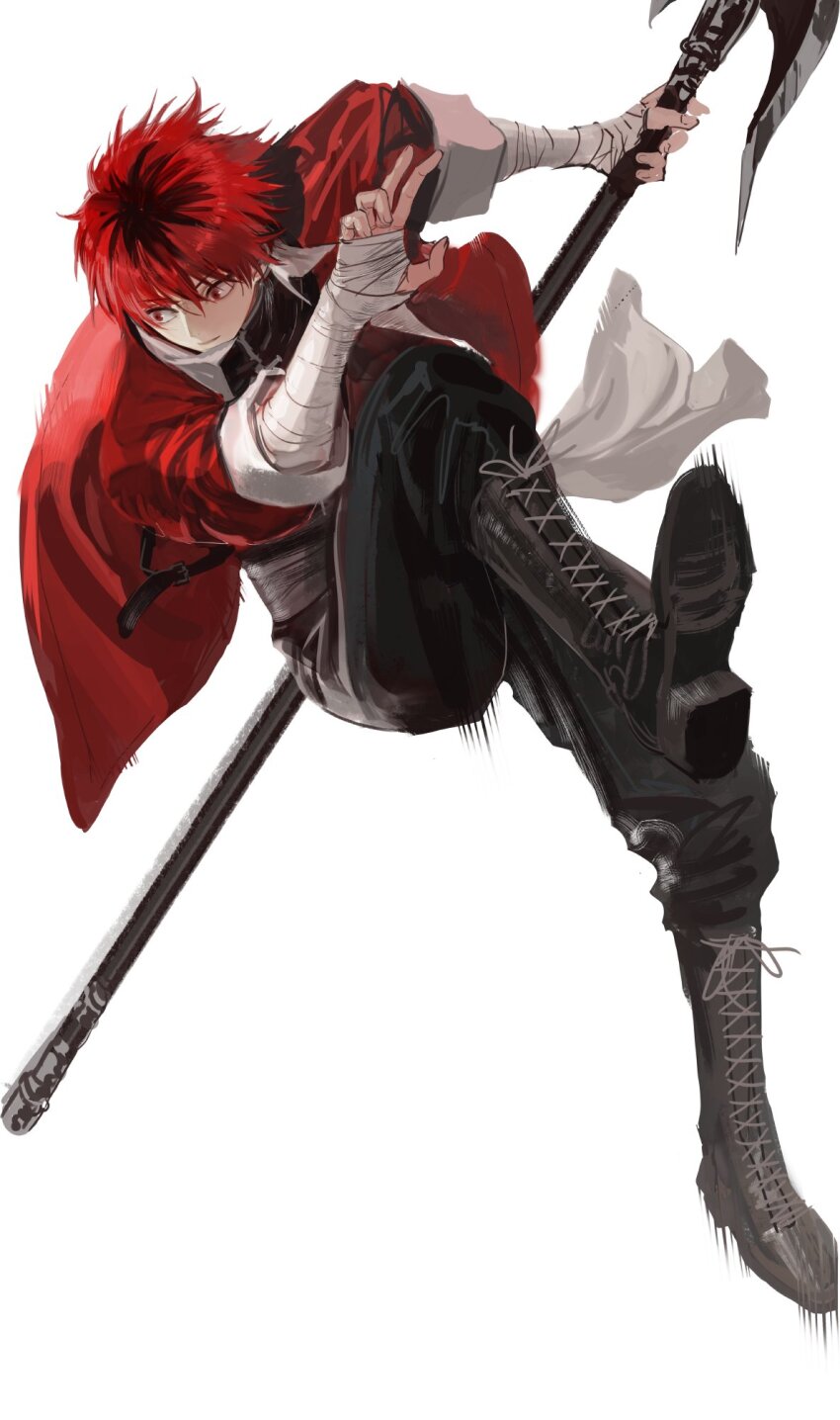1boy axe bandages bandaid bandaid_on_arm battle_axe black_boots boots coat highres holding holding_axe holding_weapon infukun jacket red_eyes red_hair red_jacket simple_background solo sousou_no_frieren stark_(sousou_no_frieren) weapon white_background
