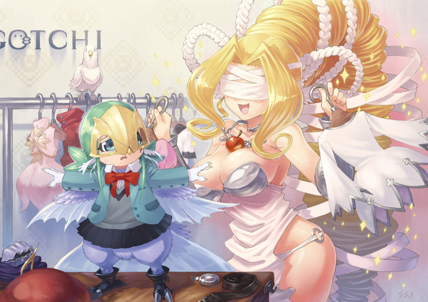 2girls absurdly_long_hair apple bandai bare_shoulders belt bird bird_legs black_skirt blazer blonde_hair breasts choker clam claws cleavage clothes clothes_hanger covered_eyes curvy digimon digimon_(creature) dove dress drill_hair feathers female_focus food fruit gloves green_hair grey_shirt hair_tubes happy hat helmet hidden_eyes highres hotan_(digimon) jacket jewelry large_breasts lilimon lips long_hair looking_at_viewer mervamon monster multiple_girls necklace no_bra no_humans o-ring o-ring_bottom olive_(digimon) olympos_xii open_mouth panties ribbon sasasi shell shiny_skin shirt sirenmon skirt smile sparkle sweatdrop talons text_focus thighs thong underwear venusmon very_long_hair wavy_mouth white_dress white_panties white_ribbon wings