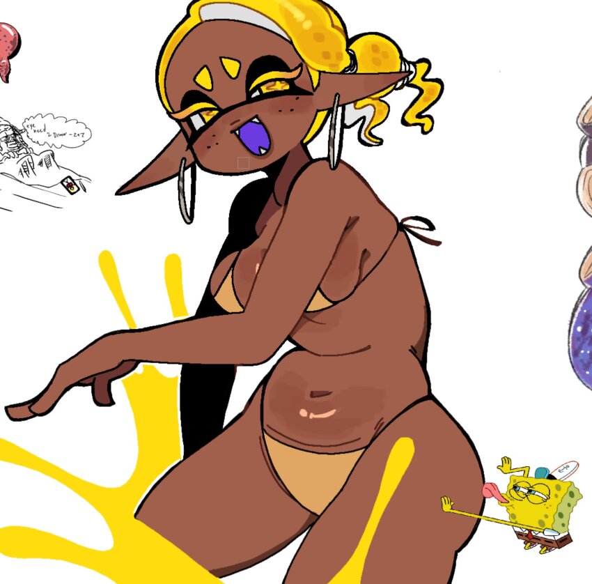 1girl alternate_costume belly bikini blonde_hair breasts colored_mouth dark-skinned_female dark_skin doodle_inset earrings fangs freckles frye_(splatoon) hand_up highres hoop_earrings inkling inset jewelry large_breasts licking long_eyelashes long_pointy_ears looking_at_viewer navel nintendo open_mouth paint pointy_ears ponytail purple_mouth short_eyebrows sideboob smile solo splatoon_(series) splatoon_3 spongebob_squarepants star-shaped_pupils star_(symbol) stomach swimsuit symbol-shaped_pupils tentacle_hair thighs tongue tongue_out yellow_bikini yellow_eyes zazipou_z