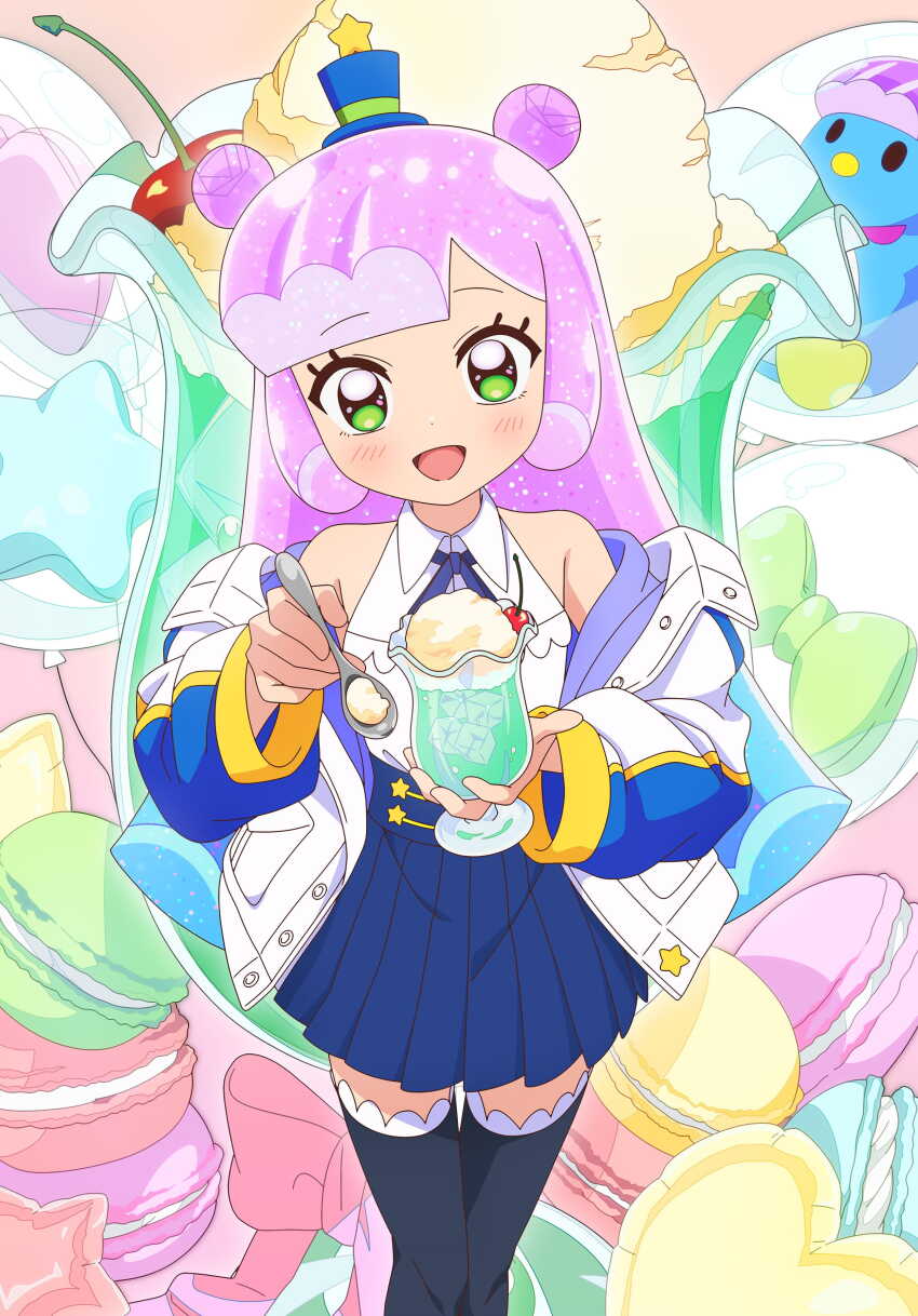 1girl absurdres bare_shoulders blush food gradient_hair green_eyes hat highres ice_cream incoming_food jacket long_hair looking_at_viewer macaron mini_hat mini_top_hat monster_girl multicolored_hair off_shoulder official_art open_clothes open_jacket open_mouth puniru_(puniru_wa_kawaii_slime) puniru_wa_kawaii_slime slime_girl smile solo thighhighs top_hat white_day zettai_ryouiki