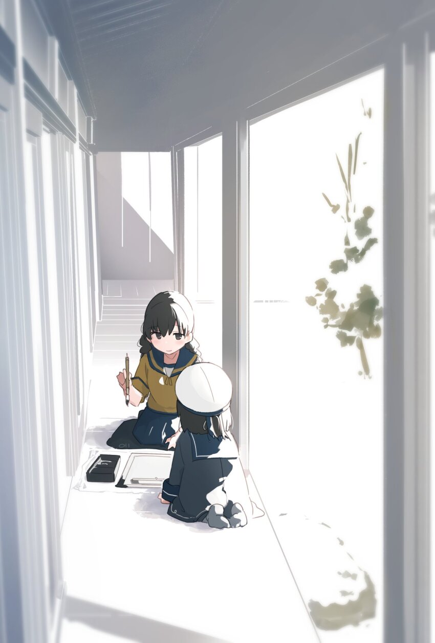 2girls black_hair blue_sailor_collar blue_skirt brown_shirt calligraphy_brush daitou_(kancolle) grey_eyes hat highres kantai_collection landing_ship_no._101_(kancolle) long_hair low_twintails ma_rukan multiple_girls paintbrush paper pleated_skirt sailor_collar sailor_hat school_uniform seiza serafuku shirt sitting skirt twintails veranda white_headwear wide_shot