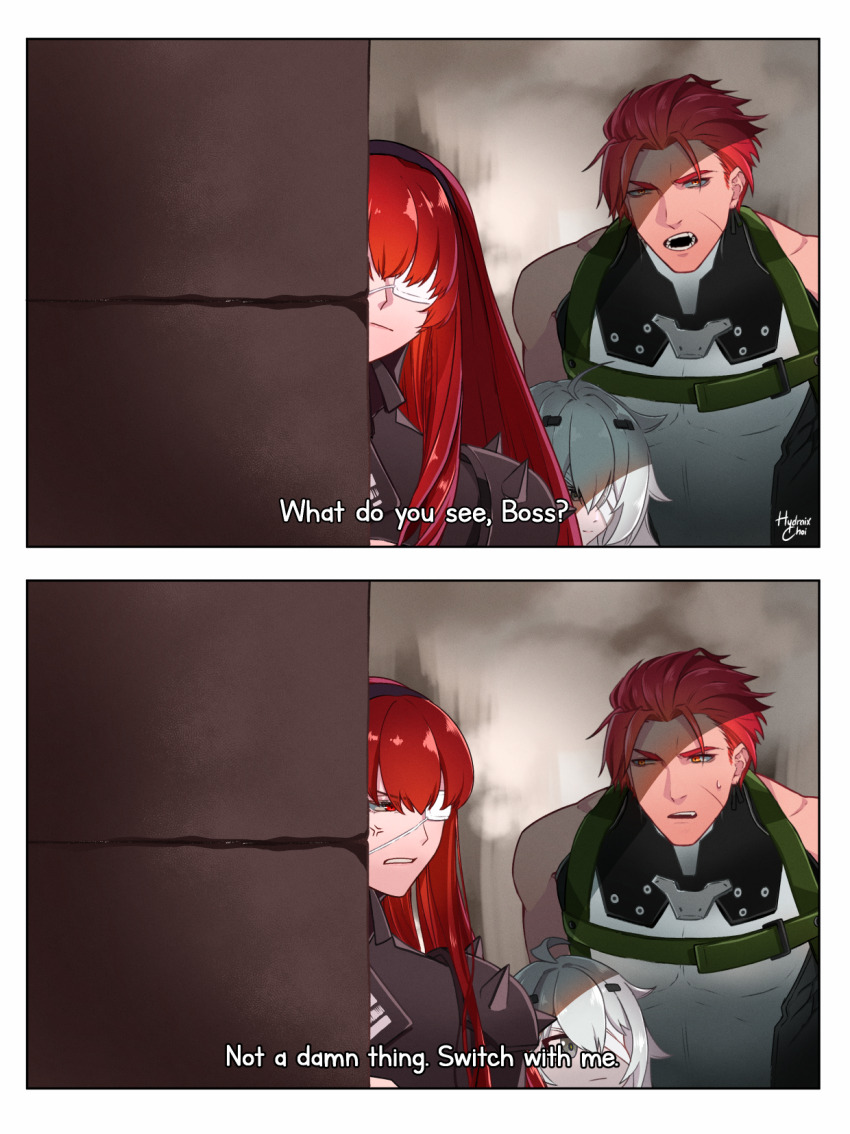 1boy 2girls english_text eyepatch highres hydraix_choi image_sample multiple_girls no._21:_xxi_(pgr) no._21_(pgr) noctis_(pgr) peeking peeking_out pixiv_sample punishing:_gray_raven speech_bubble vera:_garnet_(pgr) vera_(pgr)