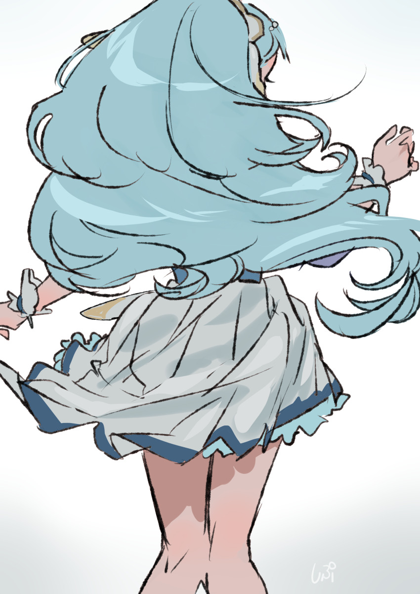 1girl absurdres bare_legs beads blue_hair blue_shirt blue_wrist_cuffs circlet cowboy_shot cure_ange floating_clothes floating_hair frilled_skirt frilled_wrist_cuffs frills from_behind hair_beads hair_ornament hair_tubes hairband highres hugtto!_precure long_hair magical_girl miniskirt pleated_skirt precure shipu_(gassyumaron) shirt signature simple_background skirt solo standing very_long_hair white_background white_hairband white_skirt wrist_cuffs yakushiji_saaya