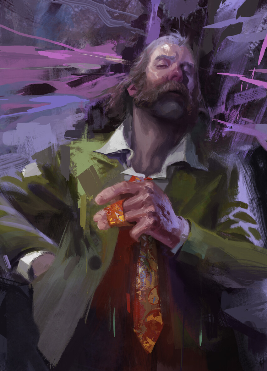1boy abstract_background absurdres aleksander_rostov brown_hair collared_shirt disco_elysium facial_hair green_jacket hand_in_pocket harry_du_bois highres jacket male_focus mature_male mustache necktie official_art orange_necktie painterly realistic shirt short_hair sideburns solo upper_body