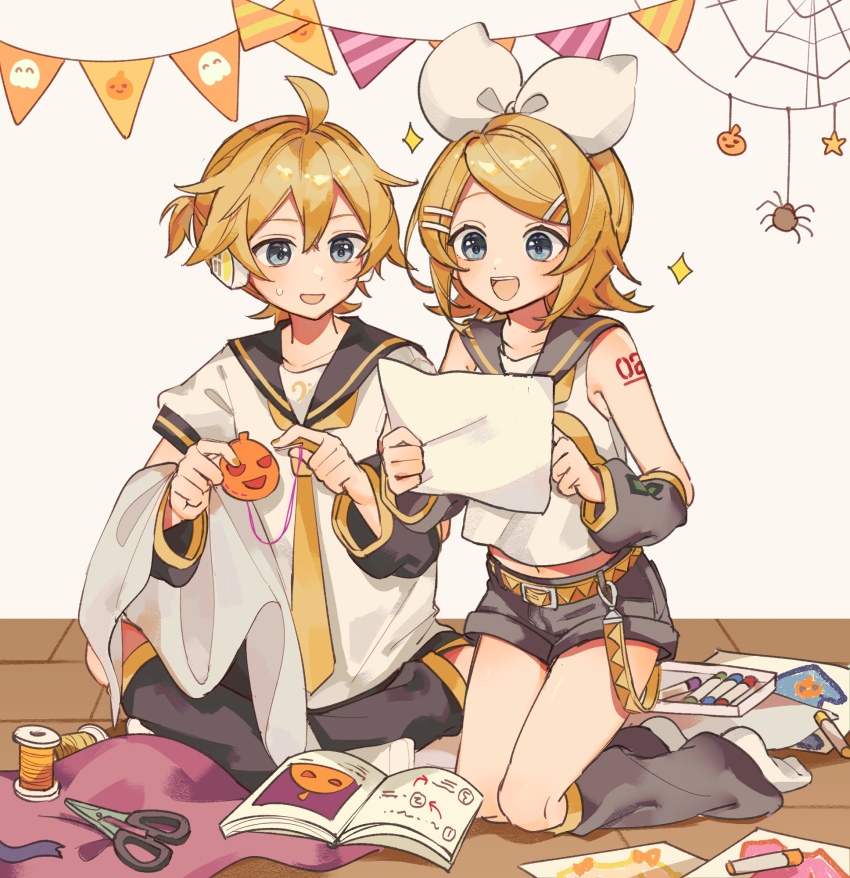 1boy 1girl :d aqua_eyes arm_tattoo arm_warmers bare_shoulders bass_clef belt black_arm_warmers black_leg_warmers black_sailor_collar black_shorts blonde_hair blue_eyes blush book bow brother_and_sister crossed_legs drawing_(object) flipped_hair floor hair_between_eyes hair_bow hair_ornament halloween headset highres kagamine_len kagamine_rin kneeling knees leg_warmers marker midriff_peek neckerchief necktie number_tattoo on_floor open_mouth paper sailor_collar sazanami_(ripple1996) scissors sewing shirt short_hair short_shorts short_sleeves shorts siblings silk simple_background sitting sleeveless sleeveless_shirt small_sweatdrop smile socks spider_web sweat swept_bangs tattoo teeth thighs thread toy twins upper_teeth_only vocaloid white_bow white_shirt yellow_belt yellow_neckerchief yellow_necktie