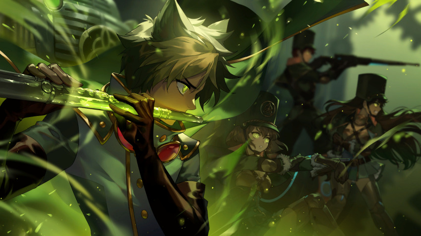 2boys 2girls animal_ears artist_request black_hair check_artist corruption ein_lee frankie_(tevi) game_cg gloves green_eyes highres instrument long_hair multiple_boys multiple_girls music non-web_source playing_instrument short_hair tevi