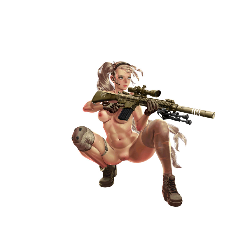 1girl abs artist_request bipod blonde_hair blue_eyes boots breasts closed_mouth crystal_maiden_(series) full_body game_cg gloves gun headset highres holding holding_gun holding_weapon justice_(crystal_maidens) looking_to_the_side navel nipples nude official_art pussy rifle scope short_sleeves sniper_rifle solo sr-25 suppressor thigh_strap transparent_background variant_set watch weapon