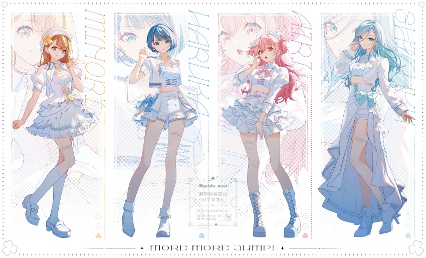 4girls ankle_boots bare_legs belt beret blue_eyes blue_hair boots bow character_name crop_top dress earrings frills full_body hanasato_minori hand_up hat high_heel_boots high_heels highres hinomori_shizuku jewelry kiritani_haruka lace-up_boots layered_skirt long_hair long_sleeves looking_at_viewer midriff momoi_airi multiple_girls open_mouth pink_eyes pink_hair platform_boots project_sekai puffy_short_sleeves puffy_sleeves sailor_collar shirt short_hair short_sleeves shorts skirt smile socks standing swept_bangs white_background white_shirt white_shorts white_skirt yuzuha_wasa