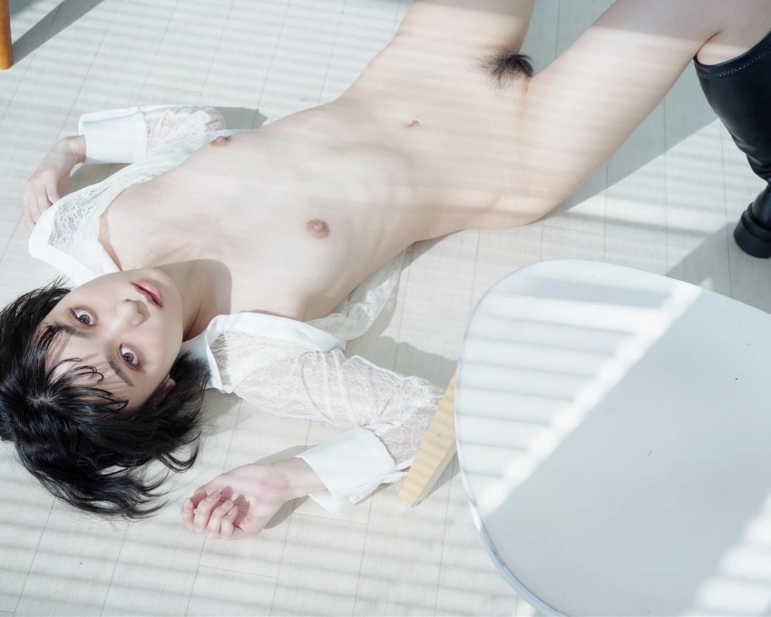 1girl black_hair flat_chest from_above highres japanese_(nationality) looking_at_viewer monami_suzu navel nipples on_floor open_clothes open_shirt photo_(medium) pubic_hair real_life short_hair
