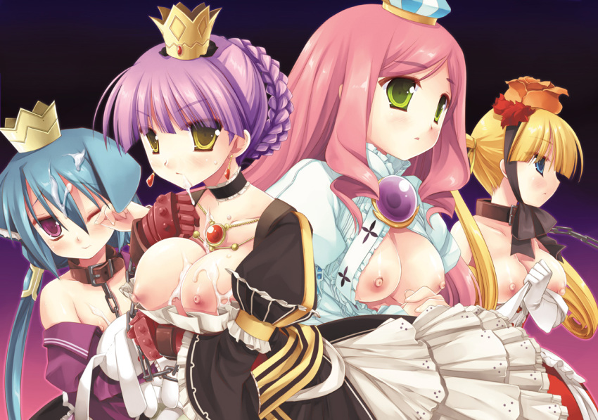 4girls 7th_dragon 7th_dragon_(series) alusha_(7th_dragon) blonde_hair blue_eyes blue_hair braid breasts chain collar crown cum cum_on_body cum_on_breasts cum_on_hair cum_on_upper_body facial flat_chest gloves green_eyes long_hair maron_(7th_dragon) miyasu_risa momomeno_(7th_dragon) multiple_girls nipples open_clothes open_shirt pink_hair princess_(7th_dragon) purple_eyes purple_hair risaccho shirt short_hair sora_(7th_dragon) twintails yellow_eyes